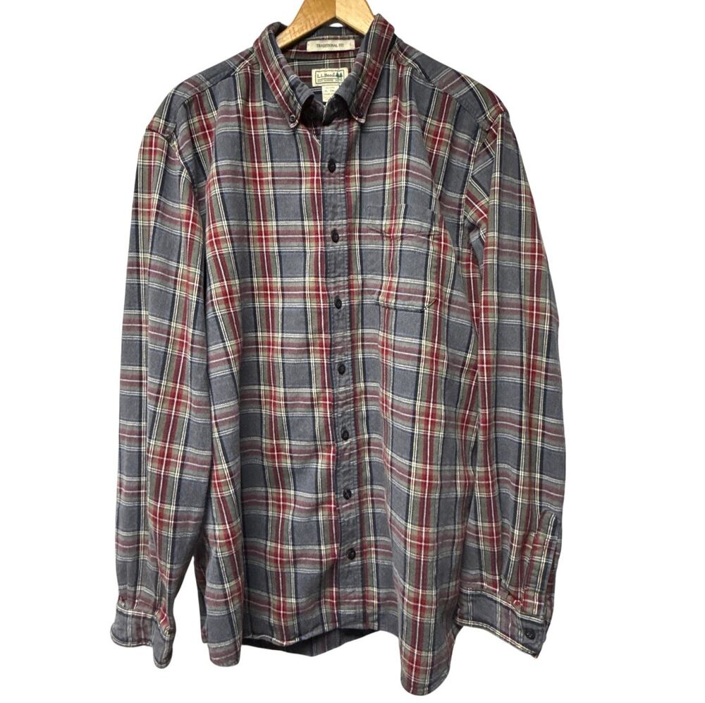 LL Bean Men's Scotch Plaid Flannel Shirt Size XL Tall Gray Red Outdoor Gorpcore